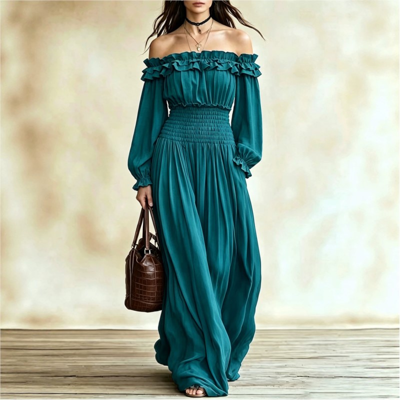 เดรสแม็กซี่แฟชั่นเปิดไหล่สำหรั - Off Shoulder Puff Sleeve Sundress บทวิจารณ์และราคา