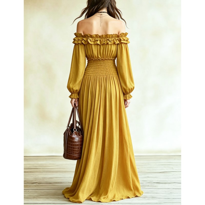 เดรสแม็กซี่แฟชั่นเปิดไหล่สำหรั - Off Shoulder Puff Sleeve Sundress บทวิจารณ์และราคา