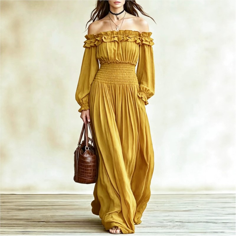 เดรสแม็กซี่แฟชั่นเปิดไหล่สำหรั - Off Shoulder Puff Sleeve Sundress บทวิจารณ์และราคา