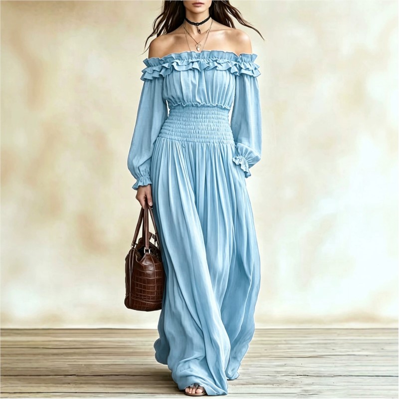 เดรสแม็กซี่แฟชั่นเปิดไหล่สำหรั - Off Shoulder Puff Sleeve Sundress บทวิจารณ์และราคา