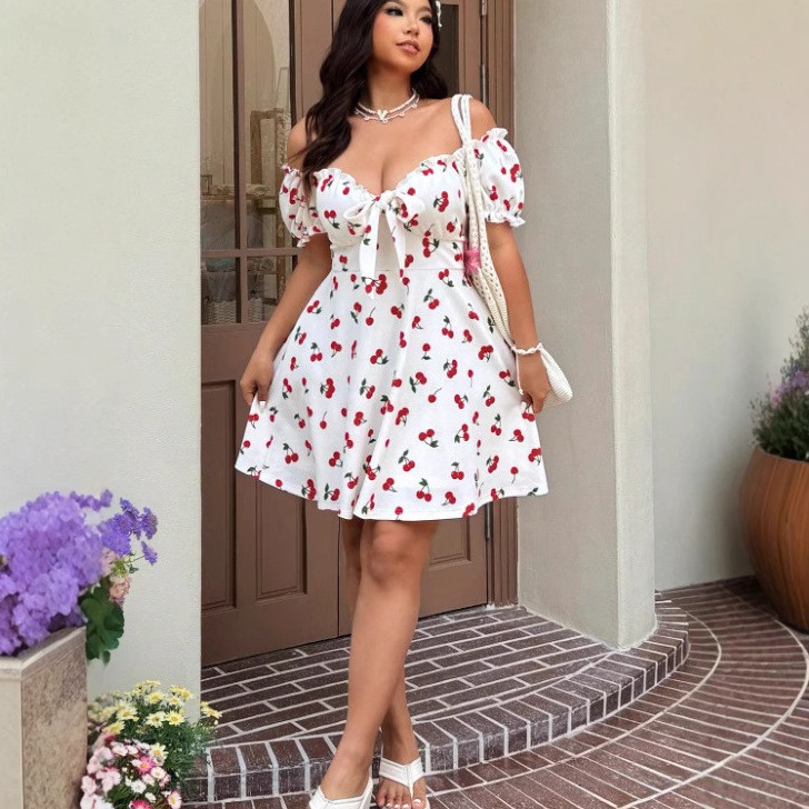 ชุดเดรสผู้หญิงฤดูร้อน ชุดเดรสพ - Off Shoulder Puff Sleeve Sundress บทวิจารณ์และราคา