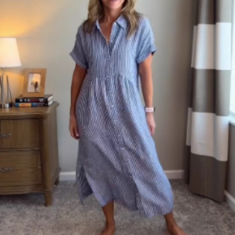 เดรสเชิ้ตลายทางสำหรับผู้หญิง ฤ - Casual Loose Linen Shirt Dress บทวิจารณ์และราคา