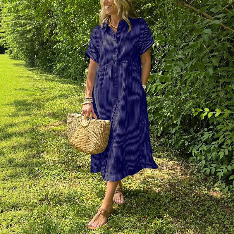 เดรสเชิ้ตลายทางสำหรับผู้หญิง ฤ - Casual Loose Linen Shirt Dress บทวิจารณ์และราคา