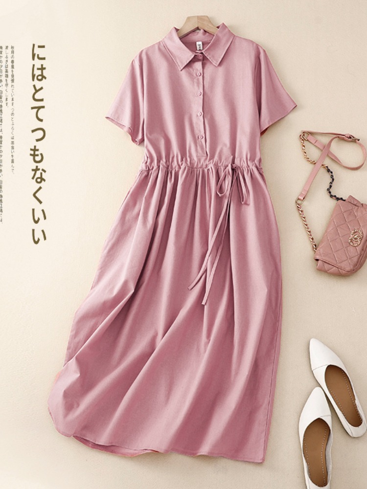 เดรสผ้าฝ้ายสำหรับผู้หญิง ทรงเอ - Korean Style A Line Shirt Dress บทวิจารณ์และราคา