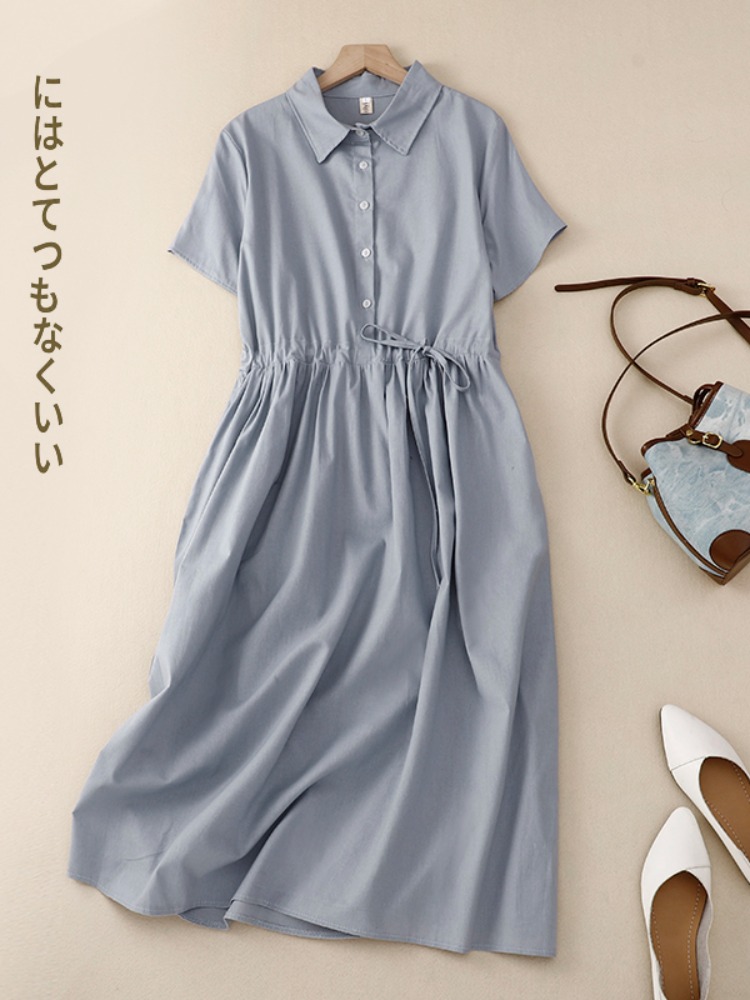 เดรสผ้าฝ้ายสำหรับผู้หญิง ทรงเอ - Korean Style A Line Shirt Dress บทวิจารณ์และราคา