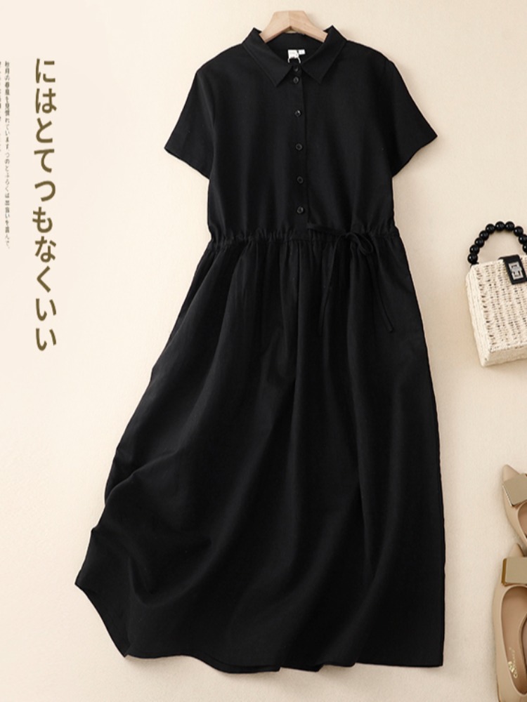 เดรสผ้าฝ้ายสำหรับผู้หญิง ทรงเอ - Korean Style A Line Shirt Dress บทวิจารณ์และราคา