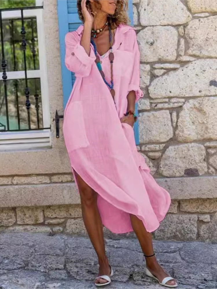 ชุดเดรสเชิ้ตผู้หญิงสีขาวสีทึบป - Casual Loose Linen Shirt Dress บทวิจารณ์และราคา