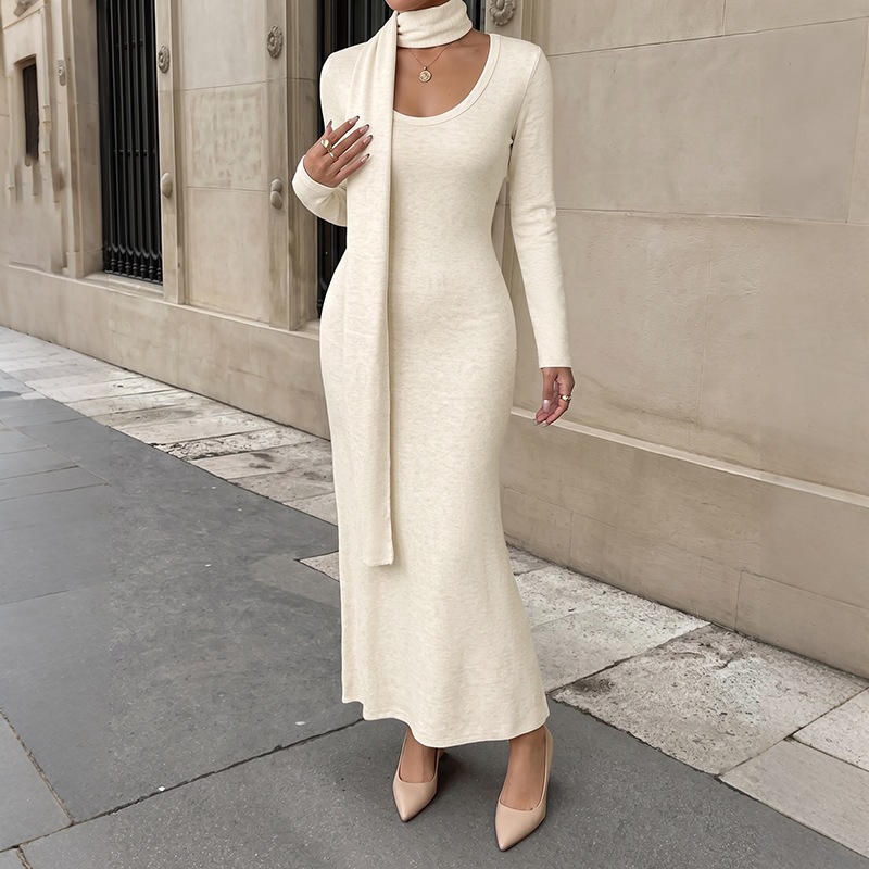 ชุดเดรสยาวผ้าถักลายริบสำหรับผู - Bodycon Long Sleeve Ribbed Dress บทวิจารณ์และราคา
