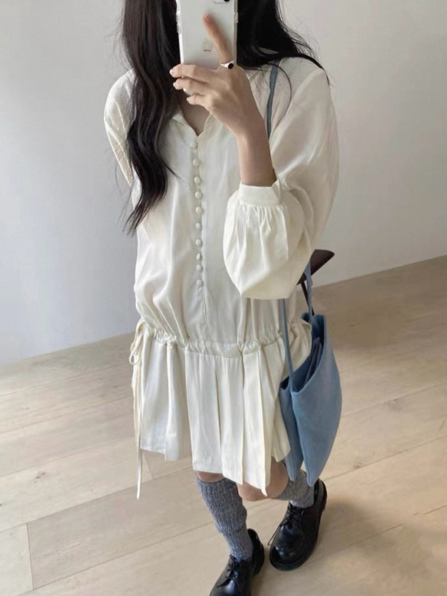 เดรสเชิ้ตแขนยาวทรงเข้ารูปสำหรั - Korean Style A Line Shirt Dress บทวิจารณ์และราคา