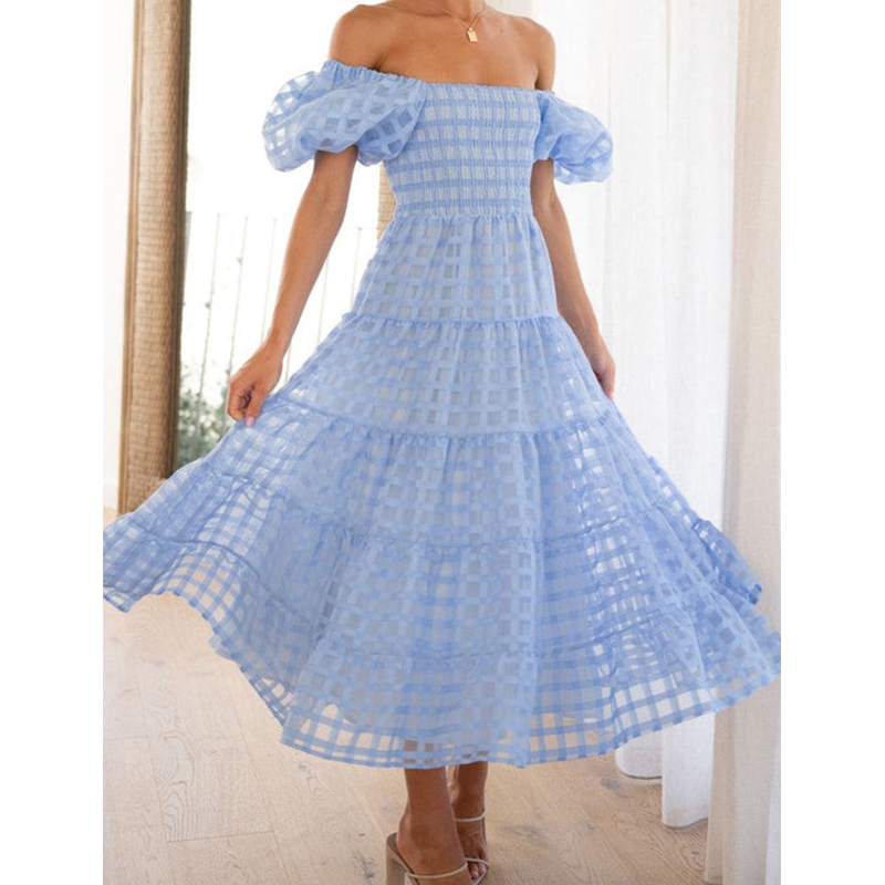 Elegant Off ไหล่ผู้หญิงฤดูร้อน - Off Shoulder Puff Sleeve Sundress บทวิจารณ์และราคา