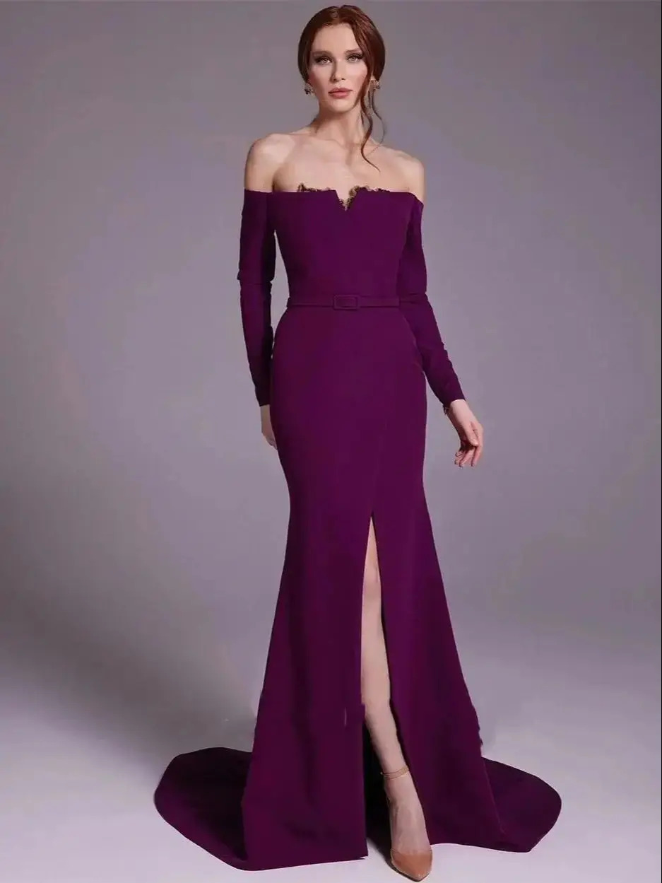 ชุดราตรีเปิดไหล่ผ้าซาตินสีม่วง - Elegant Satin Evening Gown Split บทวิจารณ์และราคา