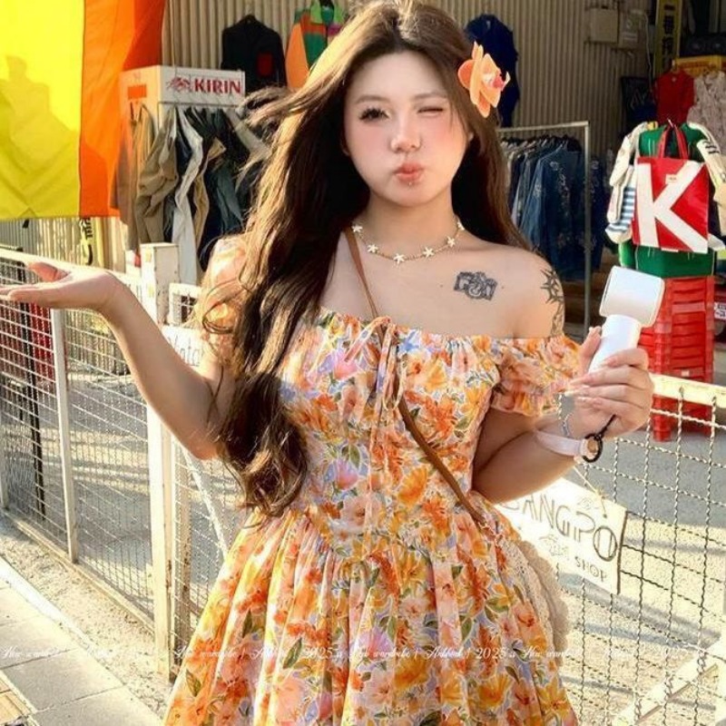 เดรสสั้นพิมพ์ลายดอกสีส้ม แขนพอ - Off Shoulder Puff Sleeve Sundress บทวิจารณ์และราคา