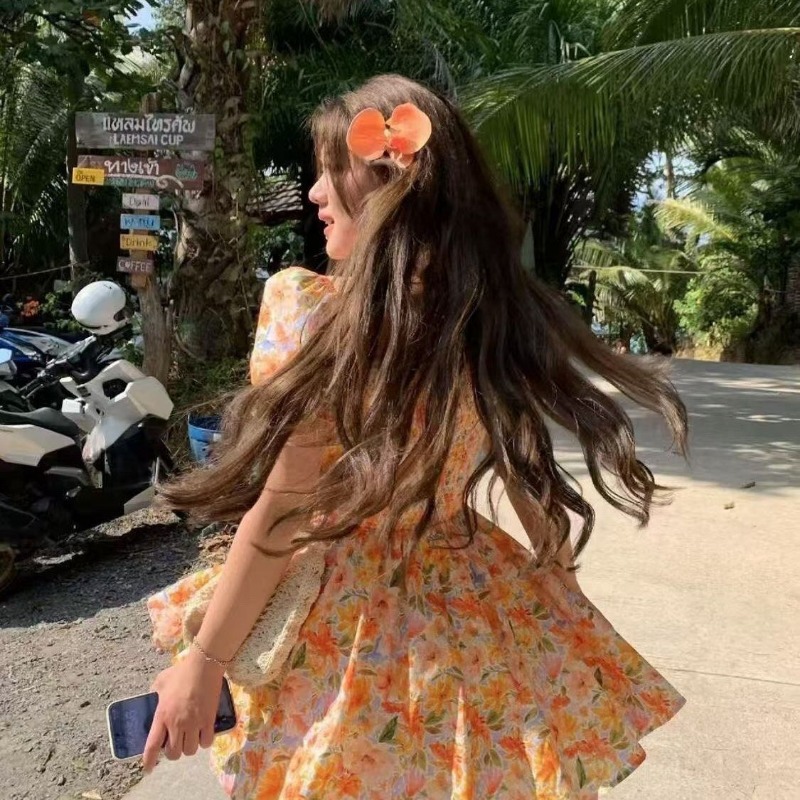 เดรสสั้นพิมพ์ลายดอกสีส้ม แขนพอ - Off Shoulder Puff Sleeve Sundress บทวิจารณ์และราคา