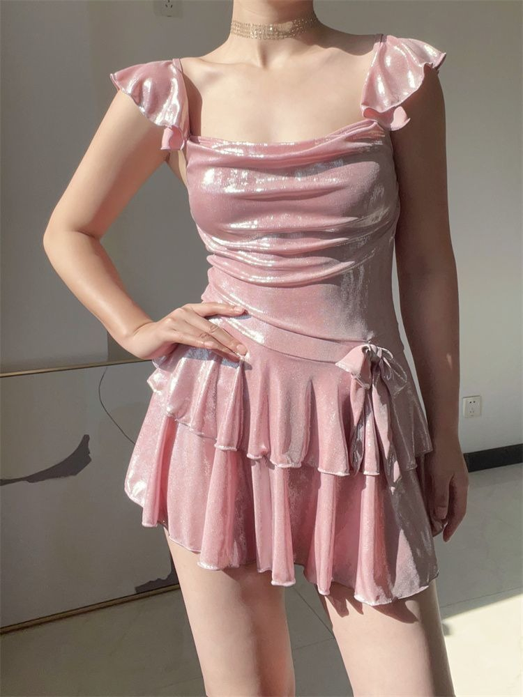 ชุดว่ายน้ำสีชมพูเงาสวยหรูสำหรั - Tops บทวิจารณ์และราคา